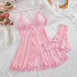 Summer Soft Sheer Nighty Pajamas Nightgowns Dark Green Halter Dress Women Sleepwear Sexy Nightdress Thong Sets