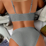 2026 Summer Sexy Deep V Neck Swimsuit Frill Trim High Waist Bikini Set Striped Print Backless Swimwear Bathing Suit Beachwear