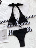 New Sexy Bikini Women Swimwear Swimsuit Striped Patchwork Hollow Halter Knotted High Waist Bikinis Set Bathing Suit Beach Bikini