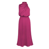 Foridol One Shoulder Turtleneck Tank Satin Women Party Dress Robe Zip Sleeveless Elegant Vintage Folds Women Clothing 2025