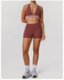 Summer Red Polka Dot Print Yoga Sets Women V Neck Shockproof Sports Bra High Elasticity Hip Lifting Shorts Running Fitness Suits