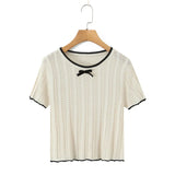 Fashion Casual Knitted Shirt With Black Trim Bow Knit T Shirt Short Sleeve Hollow Out Crew Neck Top For Women Daily Outfit EMZE