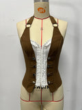 Summer Black White Contrast Tank Top Women Hanging Neck Lace Trim Button Slim Fishbone Waistband Camisole Sexy Party Hliday Vest