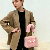 Fashionable Pearl Rabbit Fur Handbag Women's Crossbody Bag Chain Design Winter Small Versatile Shoulder Bag