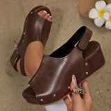Black Pu Leather Wedge Heel Sandals Women Rivets Back Strap Platform Sandles Woman Plus Size 43 Thick Sole Rome Sandalias Mujer