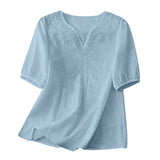 Women Summer Loose Embroidered V Neck Solid Color Short Sleeved Comfortable Button Down Shirt Top женская одежда