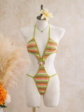 Sexy Black Stripe Knitted One Piece Swimwear Skirts Sets 2026 Women Metal Circle Hollow Out Backless Bathing Suit Thong Swimsuit