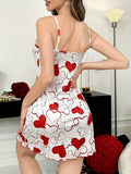 Valentine's Day Nightdress Women Sexy Heart Love Printed Slip Straps Sleep Mini Dress Sleepwear Nighties Nightgown Loungewear