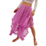 Women's Solid Color Midi Skirts Lace Elastic High Waist Skirts Spring Summer Sweet Irregular Hem Casual Skirts