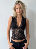 Summer Women Sheer Lace Tank Tops V Neck Slim Fit Vest Party Club Night Out Daily Sleeveless Vintage Shirts Streetwear