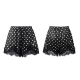 Summer Women's Dots Print Satin Shorts Elastic Waist Loose Lace Trim Hem Short Pants for Daily Casual Lounge Wear