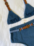 2025 Denim Bikini Set Cowgirl Style with Leather Straps Metal Buckles Perfect for Pool Parties Summer Getaways Poolside Glamour