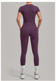 Women Tracksuit Yoga Sets Short Sleeve Slim Sports T Shirts Workout Clothes Outdoor Tight High Waist Pocket Pants Fitness Suits