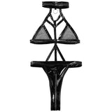 Porn PU Leather Erotic Open Crotch Bodysuit Zipper Open Crotch Bandage Breast Latex Women Sexy Lingerie
