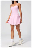 Women Tennis Dress with Shorts Pocket Square Neck Hollow Back Sleeveless One Piece Sports Outfit Fitness Pleate Mini Dresses