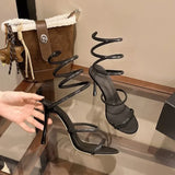 High Heels Sandals Women Shiny Ankle Snake Shaped Winding Party Shoes Sexy Thin Heels Open Toe Sandalias