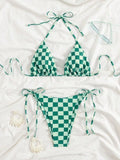 Sexy Pink Plaid Micro Bikini 2026 Women Halter Push Up Bra Tie Side Thong Swimsuit Brazilian Beach Bathing Suit Swimwear Biquini