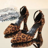 Fashion Leopard Print High Heels Sandals Women 2026 Plus Size 42 Ankle Buckle Pumps Woman Sexy Pointed Toe Party Shoes Ladies