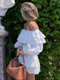 Foridol Summer Off Shoulder White Lace Skirt Set Dress Women Outfits Ruffles Tiered Mini Flower Embriodery Two Pieces Beach Suit