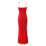 V Neck Spaghetti Strap Red Party Women's Dress Flower Decor Elegant Sleeveless Bodycon Maxi Vestidos 2025 Beach Casual Long Robe