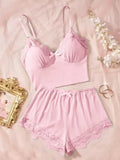 Women Sleepwear 2pcs Floral Contrast Lace Pajama Set V Neck Solid Color Bow Top & Shorts Suit Home Clothes Loungewear