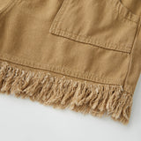 Women’s Summer Solid Color Washed Denim Shorts Casual Drawstring Elastic Waist Frayed Hem Loose Short Jeans Streeetwear