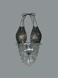 Sexy Women Rhinestone Halter Tops Tie-up Bling Body Chain Bra Going Out Lingerie Camisoles for Party Clubwear