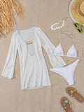sexy white plain micro bikinis sets 3pcs with hollow out mesh long sleeve deep v-neck mini dress swimsuits bathing suit biquini