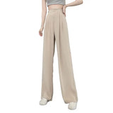 Women High Waist Straight Wide Leg Pants Solid Color Suit Pants Elastic Slant Pockets Loose Office Trousers