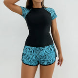 Sports Swimsuit for Women 2026 New 2 Piece Swimsuit High Waist Tankini Short Sleeve Round Neck Patchwork Bikini Set Swimwear