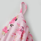 Women's Summer Floral Print Bohemian Long Dress Stylish Lace Patchwork Ruffled Trim Spaghetti Strap V Neck A-Line Dress