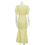FDYOUI 2026 Summer V-neck Short Sleeve Floral Print Yellow Party Dress Women Single Breasted Lace-up Slim Long Vacation Dresses