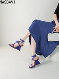 Brand Design Cross-Strap Rhinestone Sandals Summer For Women Crystal Strange Style High Heels Buckle Strap Dress Shoes Blue Red