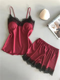 Women's Lace Satin Pajama Sets Sexy Nightwear Summer Sleeveless Tops+Shorts 2 Pcs Pyjamas Sleepwear Loungewear