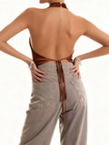 Women’s Solid Color Satin Cowl Neck Halter Tops Summer Fashionable Backless Slim Fit Going Out Vest