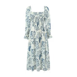 French Casual Style Square-neck Slim-fit Dress Feminine With Side Slit Three-quarter Sleeves Waist Cinching Printed Holiday THF3