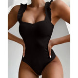 2023 Vintage Swimsuit Women One Piece Ruffle Strap Swimwear Female Push Up Monokini Padded Beach Bathing Suits Black Bodysuits