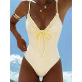 S - XL Striped Plaid V Neck Women Swimwear One Piece Swimsuit Female Frilled High Leg Cut Padded Bather Bathing Suit Swim V8288