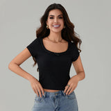 Women's Summer Solid Color Basic T-Shirts Casual Slim Fit Stylish Lace Trim Bow Crew Neck Short Sleeve Crop Tops