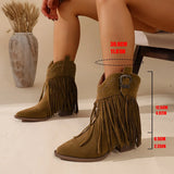 Women Ankle Boots Autumn  Suede Chelsea Boots Pointed Toe Tassel High Heel Shoe Rivet Fashion Retro Cowboy Boots Botas Mujer