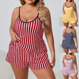 Plus Size Striped Women Pajama Set Sleeveless O Neck Top & Elastic Waist Shorts Heart Print 2 Pieces Female Sleepwear Nightwear