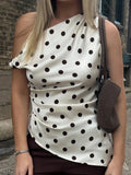 Women’s Satin Off Shoulder Tank Tops Trendy Sleeveless Dots Print Asymmetric Tops Summer Slim Fit Vest
