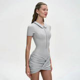 FDYOUI Women's Polo Collar Zip-up Jumpsuit Dress Chic Short Sleeve Folds Solid Bodysuits One Piece Yoga Fitness Sporty Playsuits