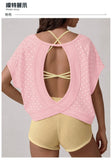 Summer Back Hollow Out Yoga T Shirts Women Polka Dot Print Short Sleeve Loose Sports Cover Up Breathable Training Fitness Tops
