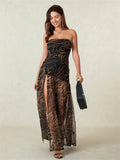 Women’s Tube Top Dress Bohemian Printed Strapless Mesh High Slit Long Dress Summer Evening Party Beach Sexy Club Dresses Summer