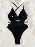 Cross Backless Ribbed V Neck Thong Female Swimwear One Piece Swimsuit Women Monokini High Cut Leg Bathing Suit Swim Bodysuit