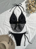 Sexy Black Mesh Draped Neckline Bikini Set 2026 Women Metal Circle Push Up Bra Triangle Swimsuit Bathing Suit Holiday Swimwear