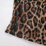 Sexy Chic Leopard Printed Corset Tops Women's Fashion Skinny Zip-up Sequins Crop Tops Strapless Night Club Outfit Streetwear
