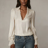 2026 Spring Women's Shirts European and American Fashion Long Sleeve Tops Solid Color Korean Style Lapel Shirts with Ruffles