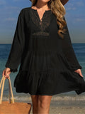 2025 Long Sleeve Hollow Out Crochet Knitted Tunic Beach Cover Up Cover-ups Beach Dress Beach Wear Beachwear Female Women K6674